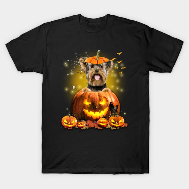 Yorkshire Terrier Spooky Halloween Pumpkin Dog Head T-Shirt by Los Draws